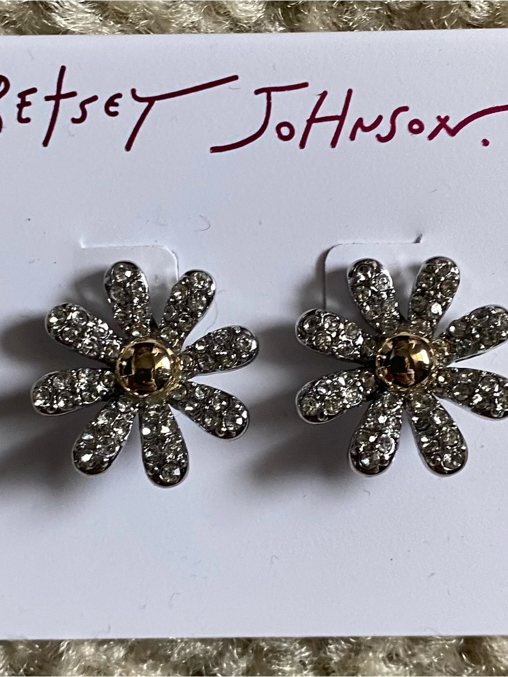 Betsey Johnson Silver Crystal Daisy Earrings with Gold Centers